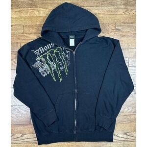 Vintage Monster Energy Hoodie Men's Size Large Black Green Zip Up Sweatshirt Y2K